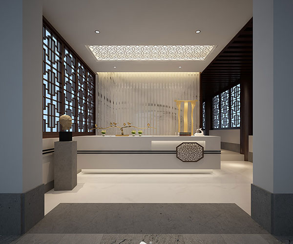 新中式會(huì)所前臺(tái)大堂的展示效果圖