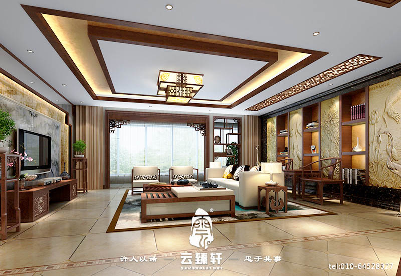 中式設(shè)計(jì)客廳彩繪立體背景墻效果圖2