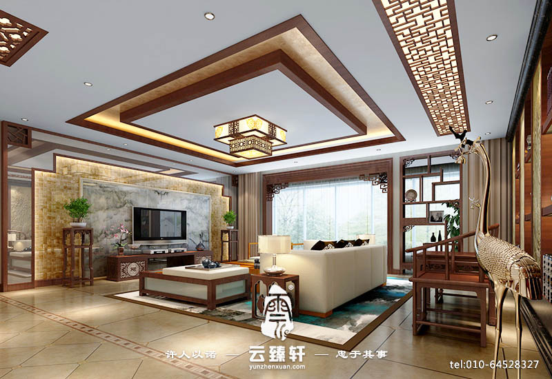中式設(shè)計(jì)客廳彩繪立體背景墻效果圖2